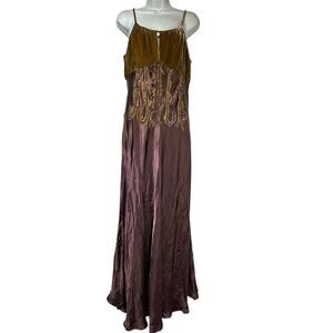 Vintage Cat Ballou olive green feather embellished Y2K hippy corset maxi dress L